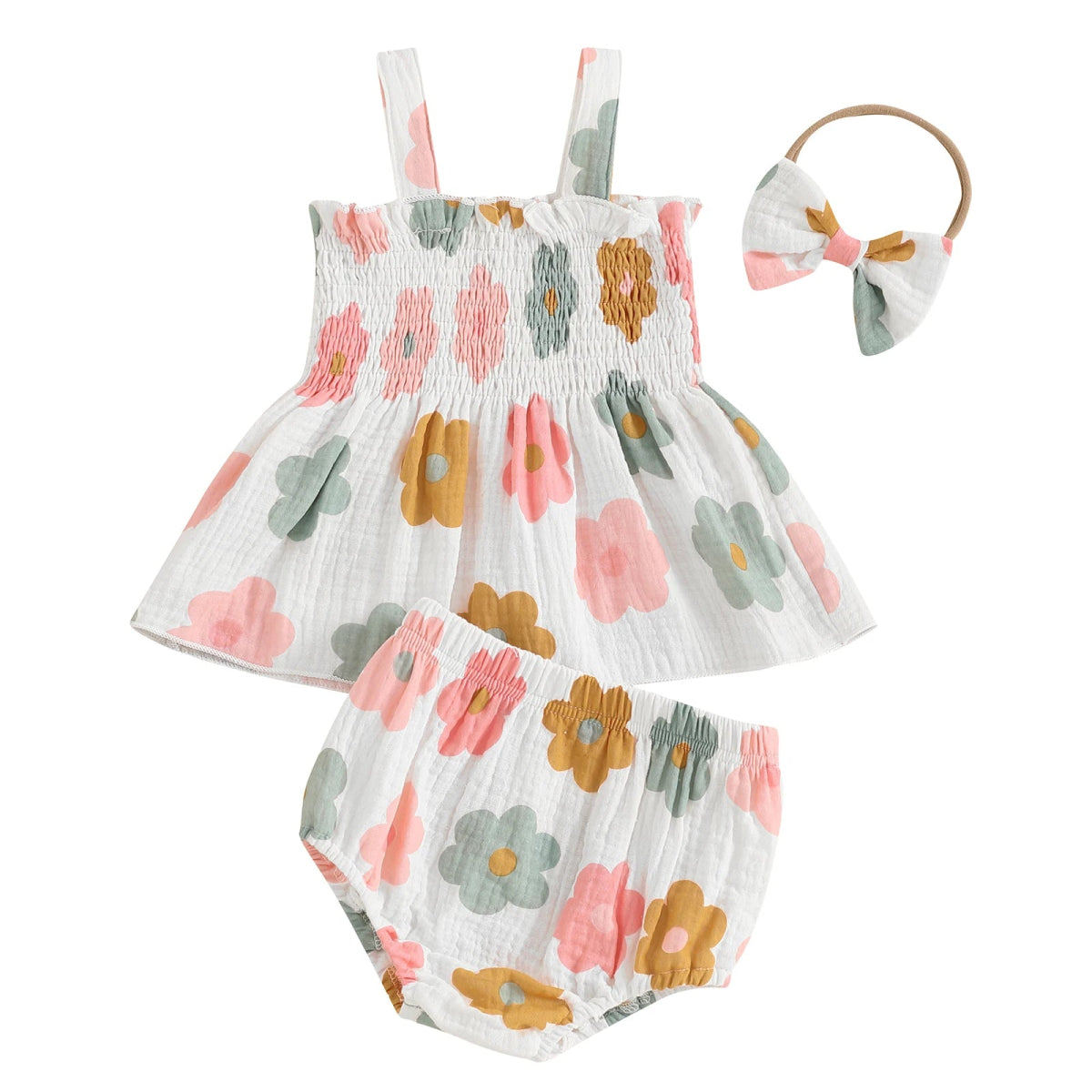 Conjunto Flores Alcinha + Laço | 0 - 24 Meses - Betina Baby