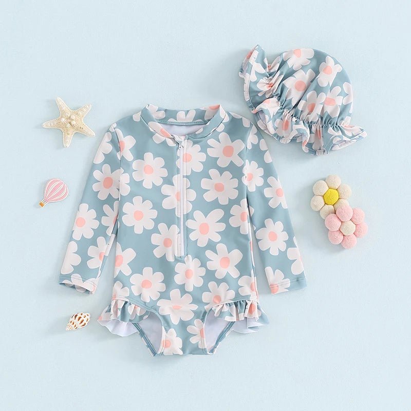Maiô Manga Chapéu Flores Proteção UV | 6M - 24 Meses - Betina Baby