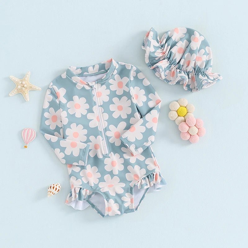 Maiô Manga Chapéu Flores Proteção UV | 6M - 24 Meses - Betina Baby