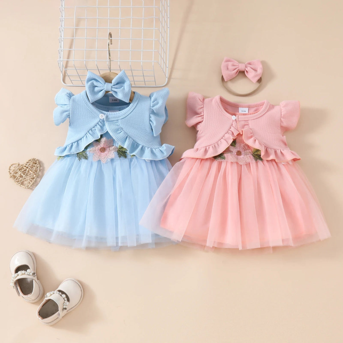 Vestido Tule Bordado + Bolero + Lacinho| 0-24 Meses - Betina Baby