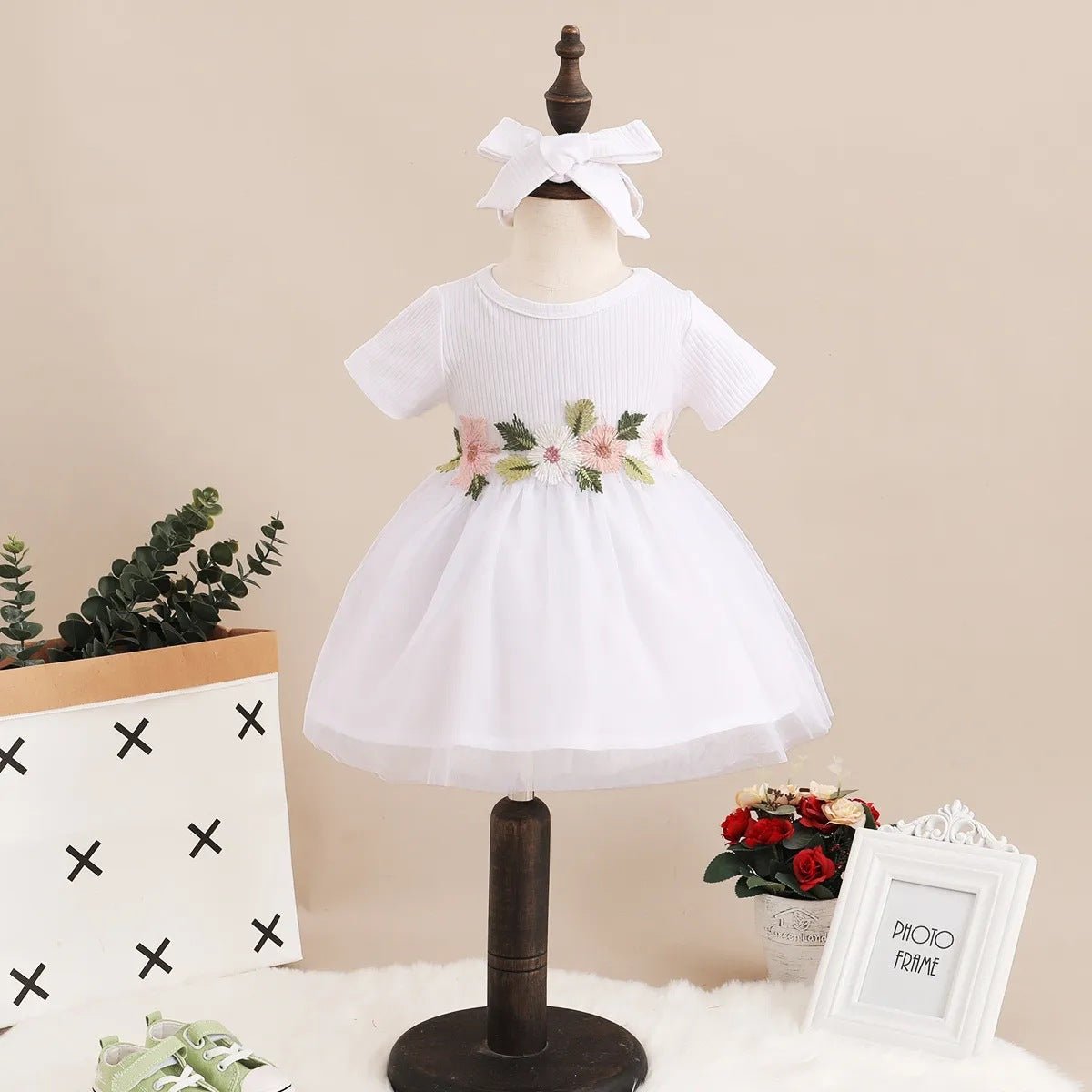 Vestido Tule Flores Meia Manga | 0 - 24 Meses - Betina Baby