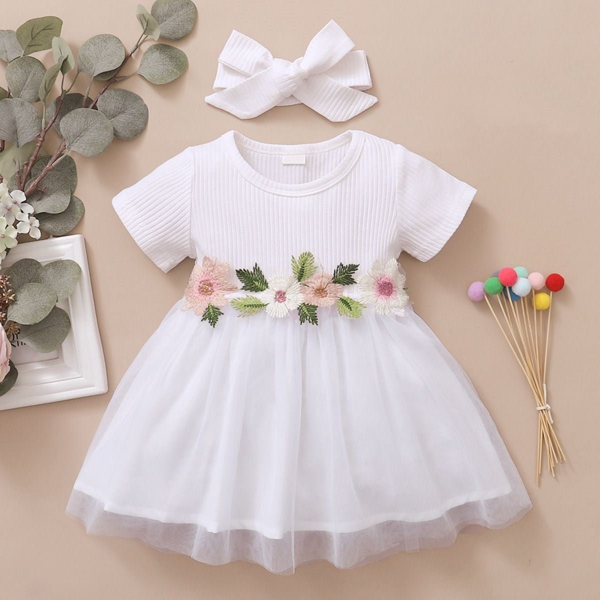 Vestido Tule Flores Meia Manga | 0 - 24 Meses - Betina Baby