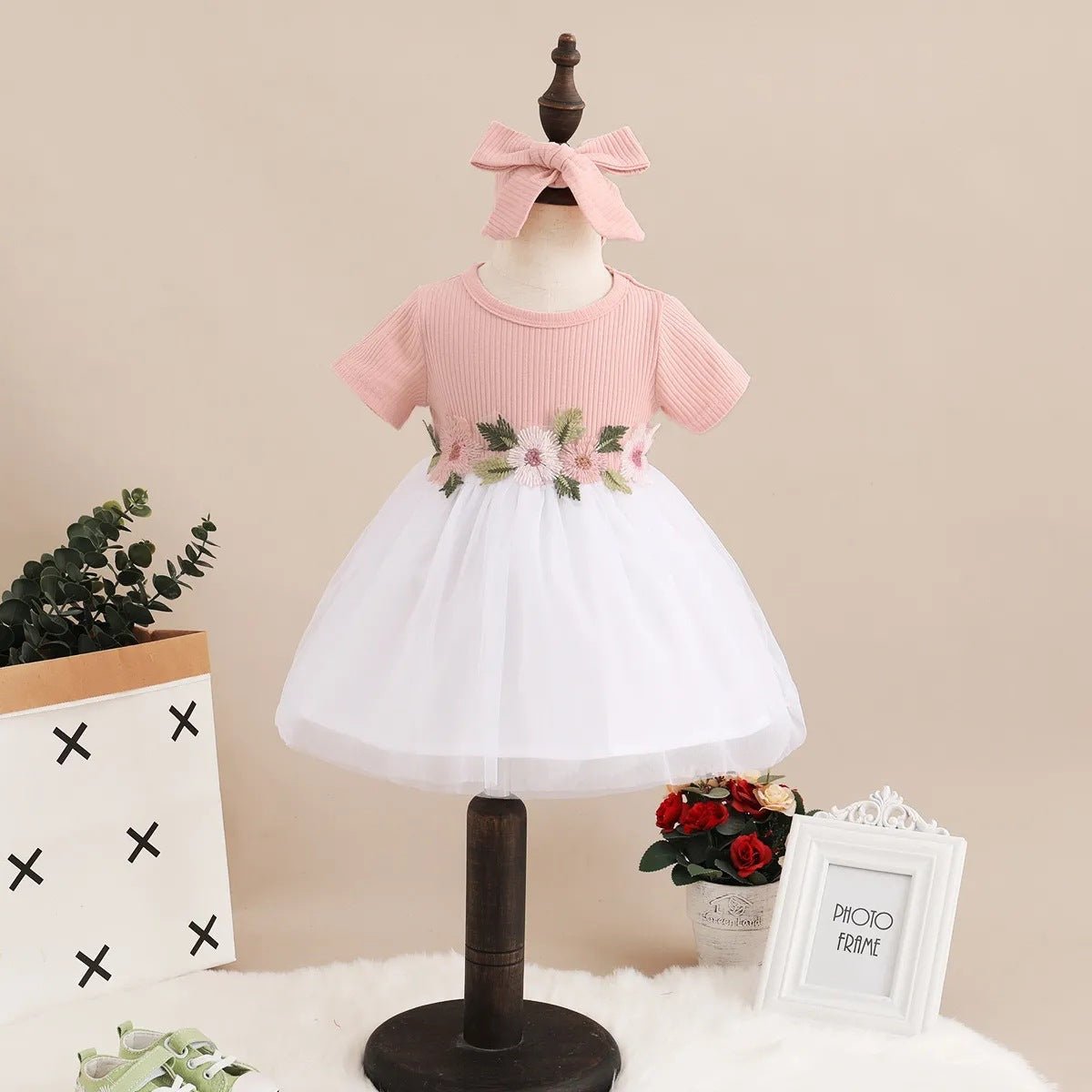 Vestido Tule Flores Meia Manga | 0 - 24 Meses - Betina Baby