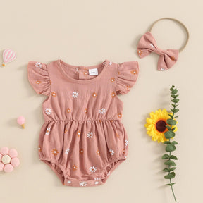 Macacão Flores Minimalista + Laço | 0 - 18 Meses - Betina Baby