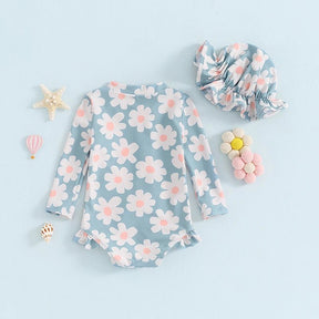 Maiô Manga Chapéu Flores Proteção UV | 6M - 24 Meses - Betina Baby