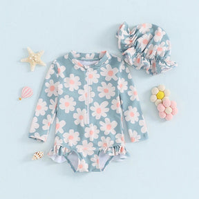 Maiô Manga Chapéu Flores Proteção UV | 6M - 24 Meses - Betina Baby