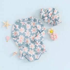 Maiô Manga Chapéu Flores Proteção UV | 6M - 24 Meses - Betina Baby